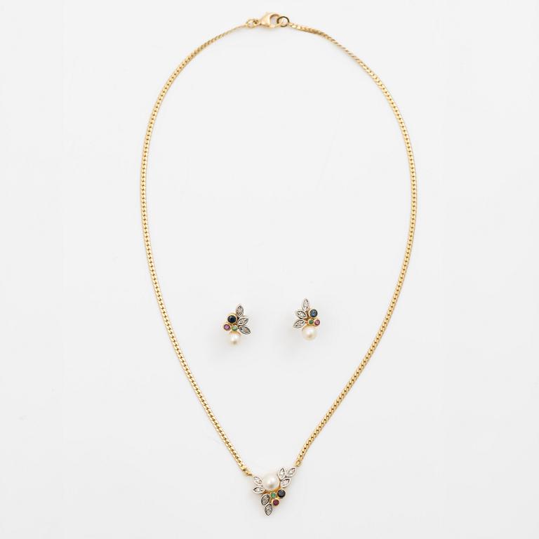 Necklace with matching earrings, 18K gold with pearls, diamonds, emeralds, rubies and sapphires.
