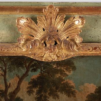 A wall panel with a painting and a mirror inlay, 18th century. Total measurements 177 x 102 cm.