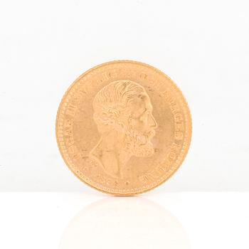 GULDMYNT, 10 kronor, Oscar II av Sverige och Norge 1894. Vikt ca 4,5 gram.