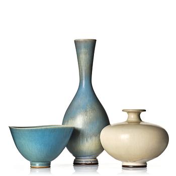 Berndt Friberg, two stoneware vases and a bowl, Gustavsberg studio, Sweden 1955, 1978 and 1979.