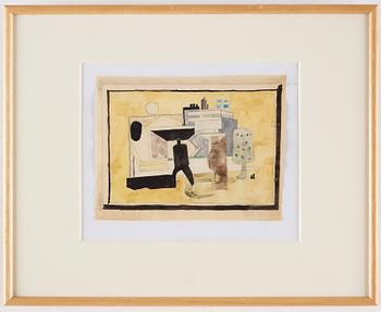 Ingegerd Torhamn, A CARPET AND A SKETCH, "Svensk-Amerika", knotted pile, gouache, the carpet ca 109 x 156 cm, the sketch ca 20x26 cm,