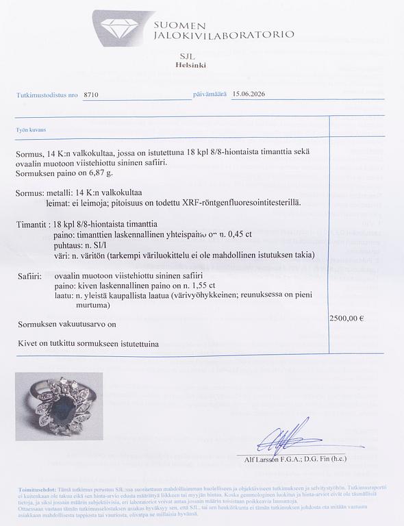 Sormus, viistehiottu safiiri, 8/8-hiotut timantit, 14K valkokultaa.