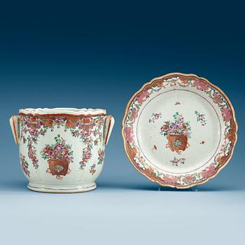 1748. A famille rose flower pot/champagne cooler with dish, Qing dynasty, Qianlong (1736-95).