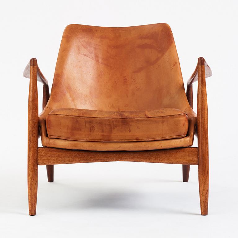 Ib Kofod-Larsen, a teak and cognac coloured leather 'Sälen' easy chair, Olof Perssons Fåtöljindustri (OPE), Sweden, 1950-60s.