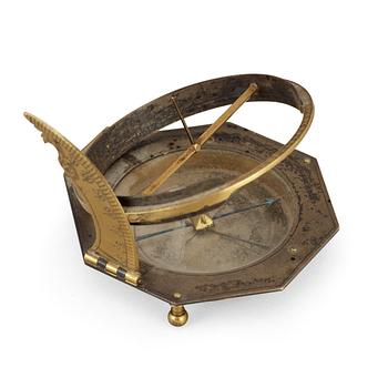A silvered and brass German equinoctial compass sundial signed Johann Willebrand in Augspurg 48.