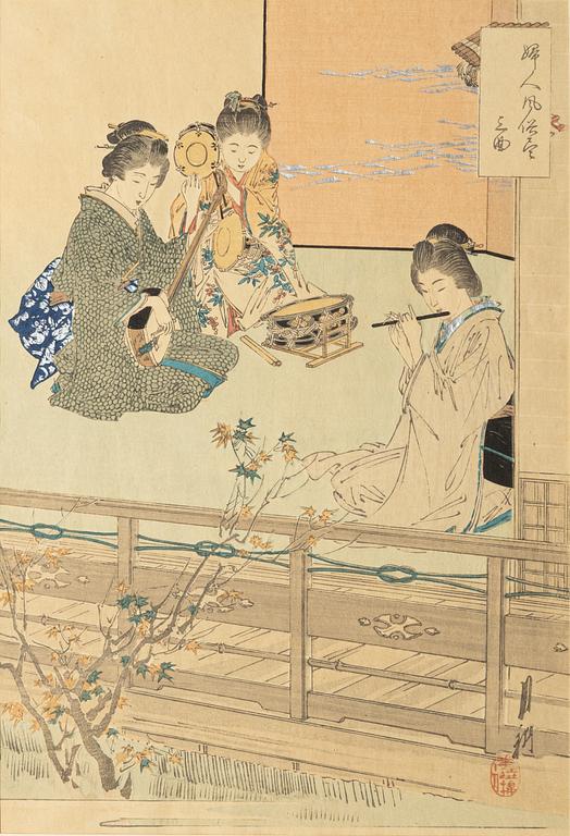 Träsnitt, fyra stycken, Ogata Gekko, Takeuchi Keishu och Kōgyo Tsukioka.