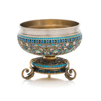 Ovchinnikov, a footed cloisonné enamel parcel-gilt bowl, Imperial warrant mark, Moscow 1896.