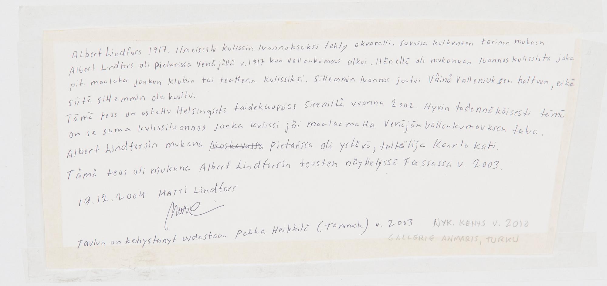 Albert Lindfors, Kulissiluonnos.