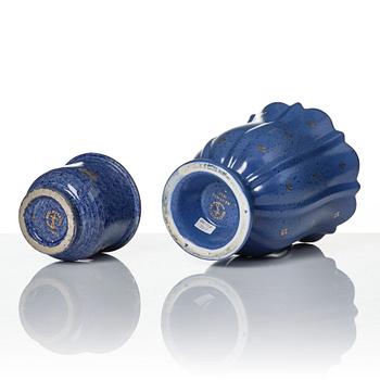 Wilhelm Kåge, a set of two Argenta stoneware vases, two dishes and a bowl with lid, Gustavsberg 1930s-50s.