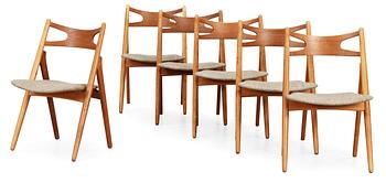 58. HANS J WEGNER, stolar, 6 st "Savbukkestolen", Carl Hansen & Son, Odense, Danmark 1950-60-tal.