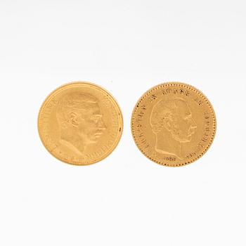 Gold coins 2 pcs 10 kr, Christian IX 1900 and Christian X 1913, Denmark.