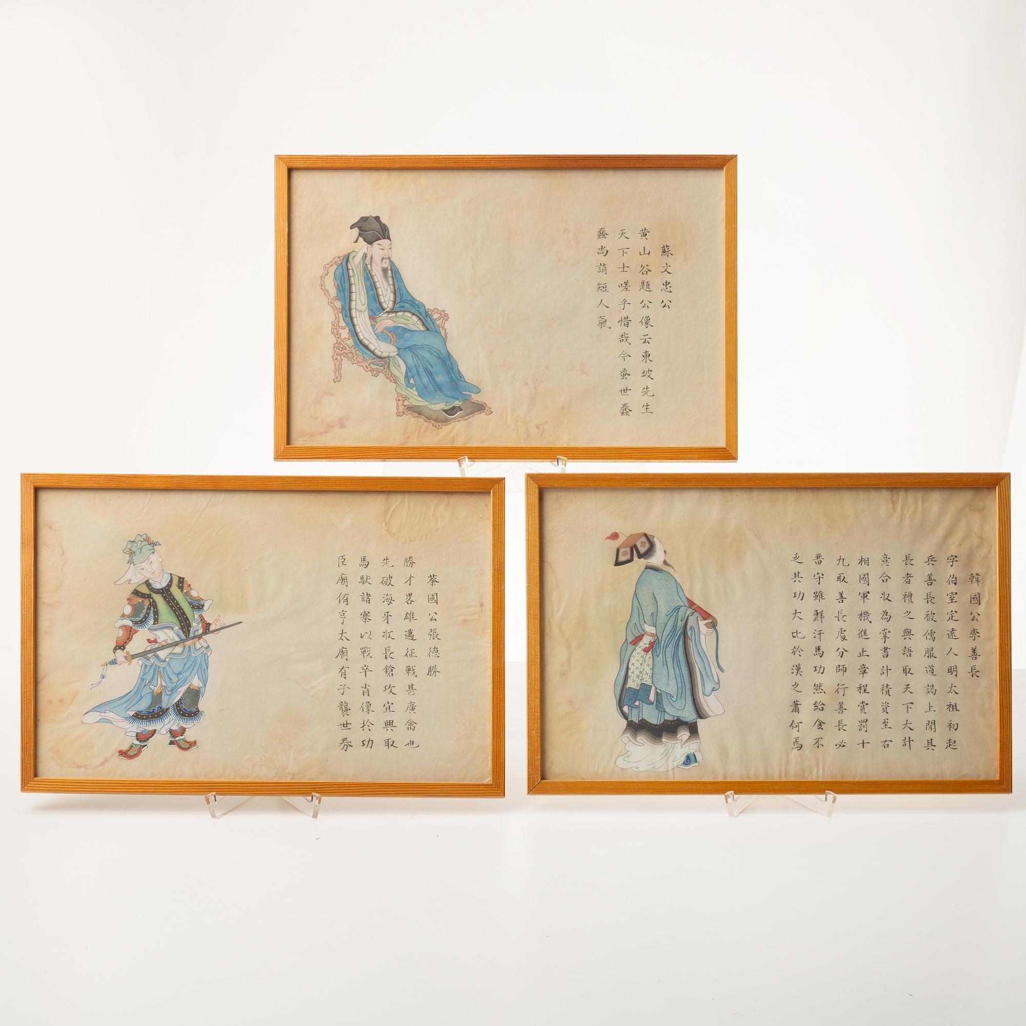 Målningar, tre stycken, Kina, sen Qingdynasti/omkring 1900.