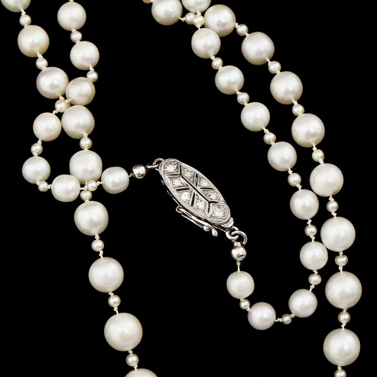 COLLIER, flodpärlor med lås i 18k vitguld och 8 små åttkantslipade diamanter.
