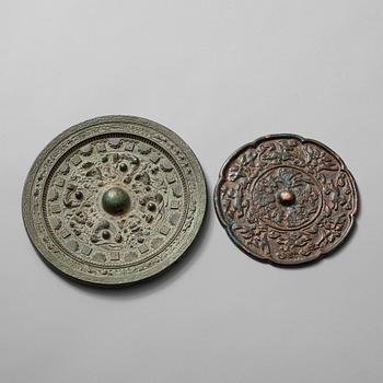 138. Two bronze mirrors, Six dynasties (220-589) and Tang dynasty (618-907).