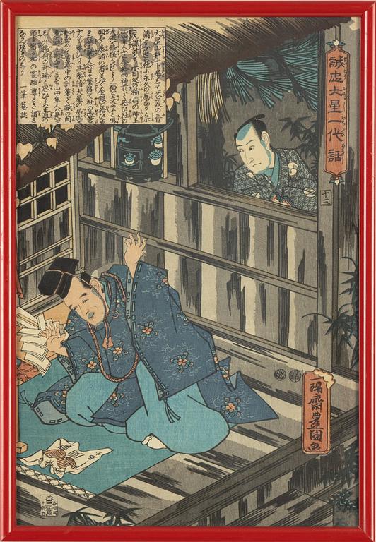 Utagawa Kunisada och Utagawa Kuniyoshi, färgträsnitt, 2st, Japan, 1800-talets mitt.