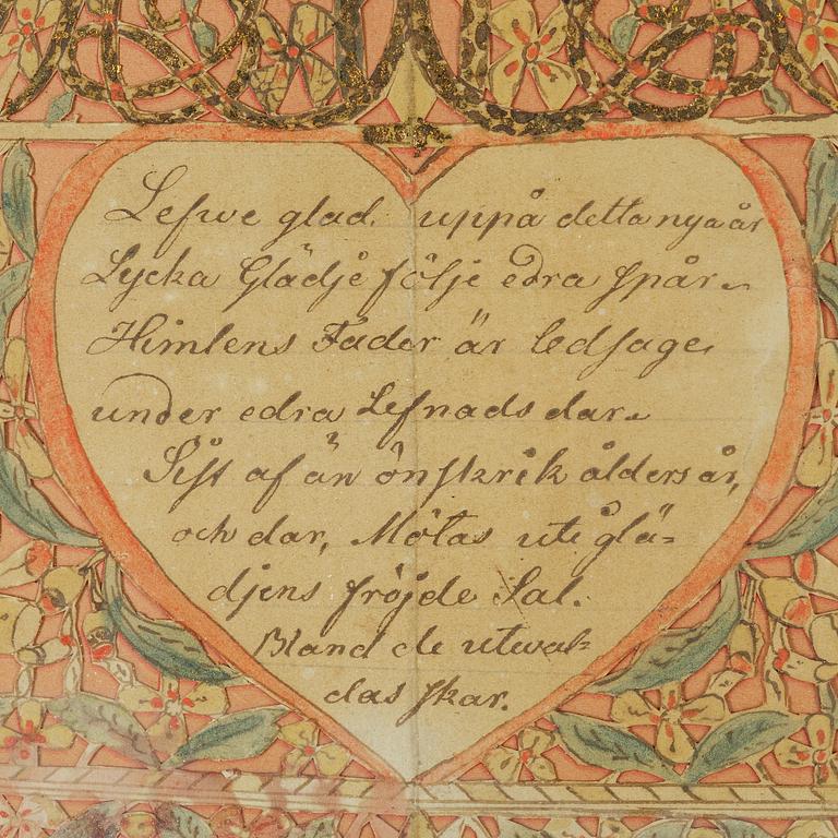 A set of three folk art commemorative paintings, 19th century.