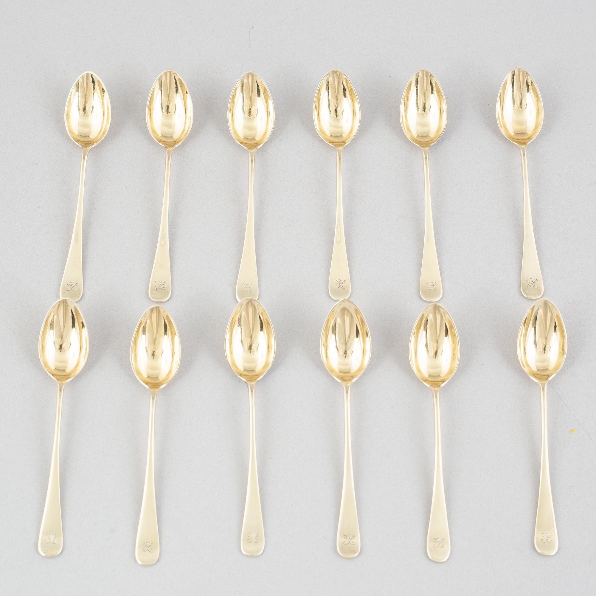 Twelve silver gilt coffee spoons, GAB, Stockholm, 1927.