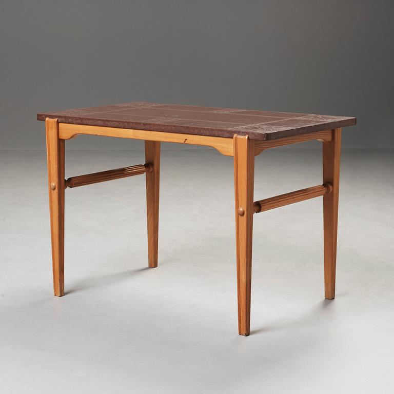 A Swedish Moden ash and limestone occasional table, the top with engraved panels by Ulla Skogh-Fågelklou, 1940's.