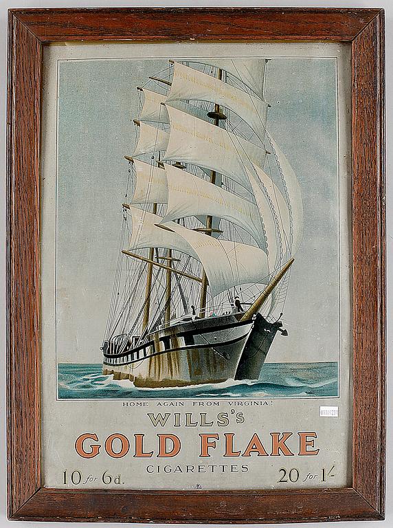 REKLAMSKYLT, plåt, "Wills´s Gold Flake",1900-talets första hälft.