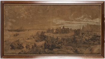 August Malmström och Hans Gude, tuschlavyr på brunt papper förhöjd med vit gouache, signerad Hans Gude och A. Malmström.