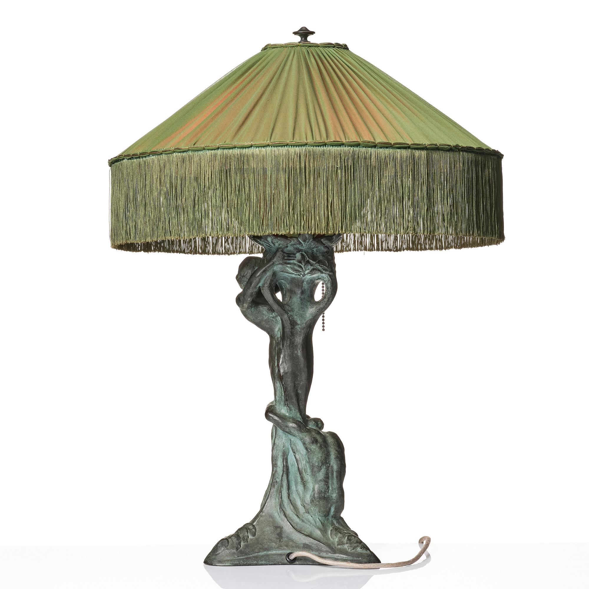Alice Nordin, an Art Nouveau patinated bronze table lamp "Night and Morning", Herman Bergman's foundry, Stockholm, early 1900s.