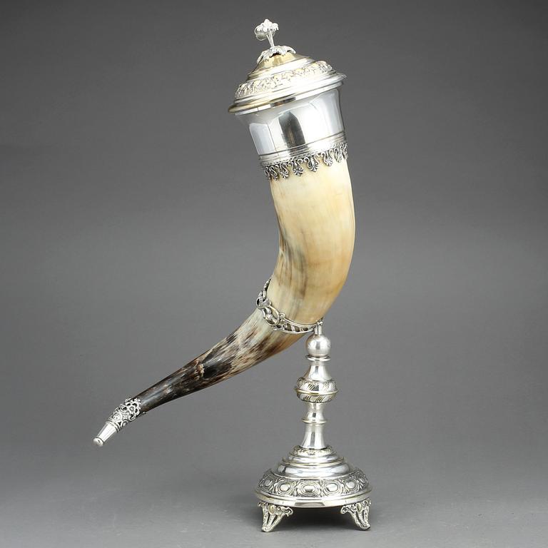 DRYCKESHORN, horn och nysilver, tidigt 1900-tal.