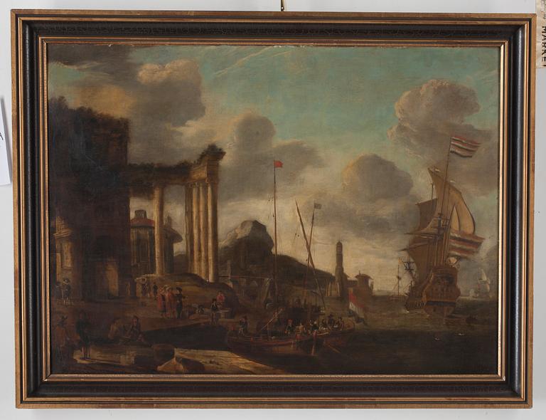 Abraham Storck Hans krets, Hamn vid Medelhavet med båtar och figurer.