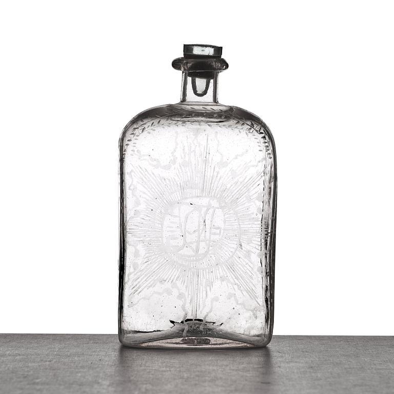 A glass bottle, 18th Century.