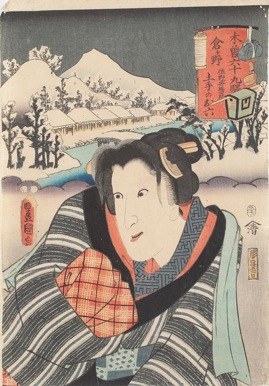 UTAGAWA KUNISADA KOCHORO TOYOKUNI III med fler, träsnitt, 3 st, Japan, 1800-talets andra hälft.