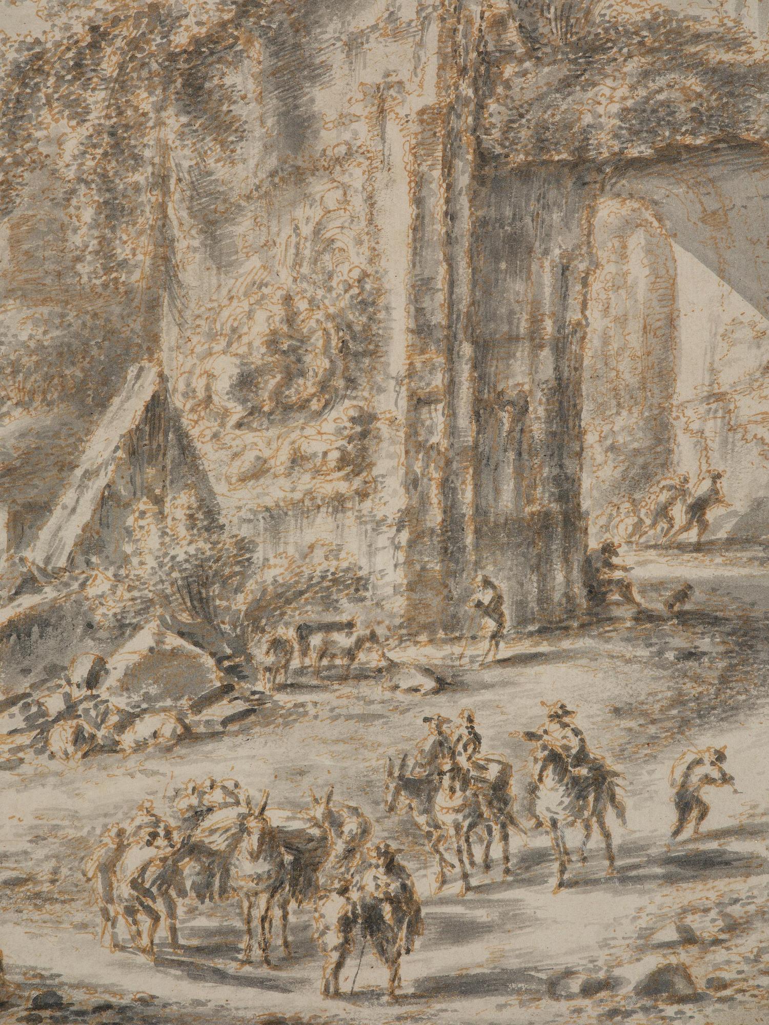 Gillis (Aegidius) Neyts, Ruined landscape with a travelling party.