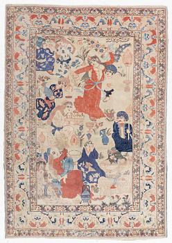 A Tabriz, figural rug, signed, c. 171 x 118 cm.