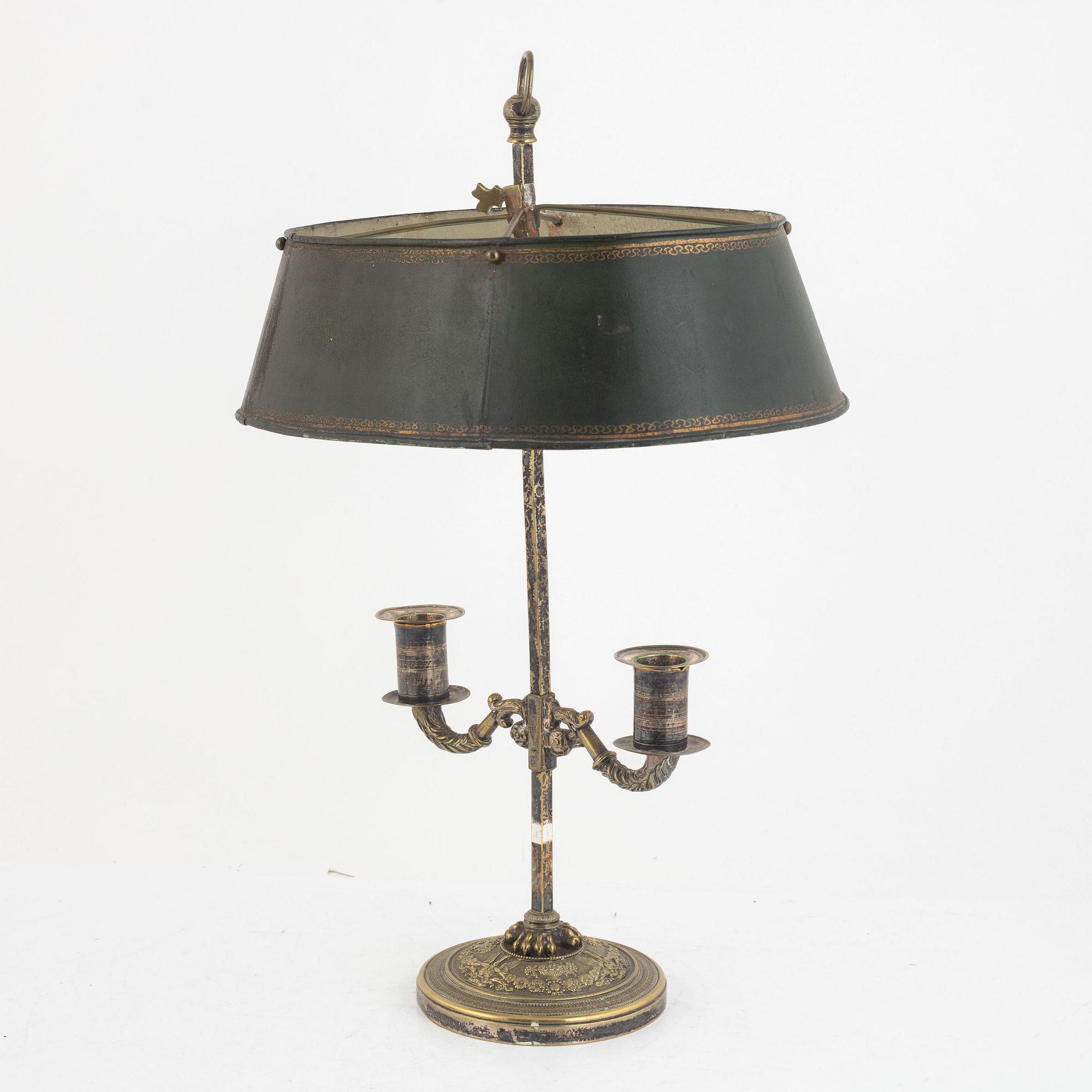 A French Empire silvered-bronze and tôle-peinte two-light reading light, early 19th century.