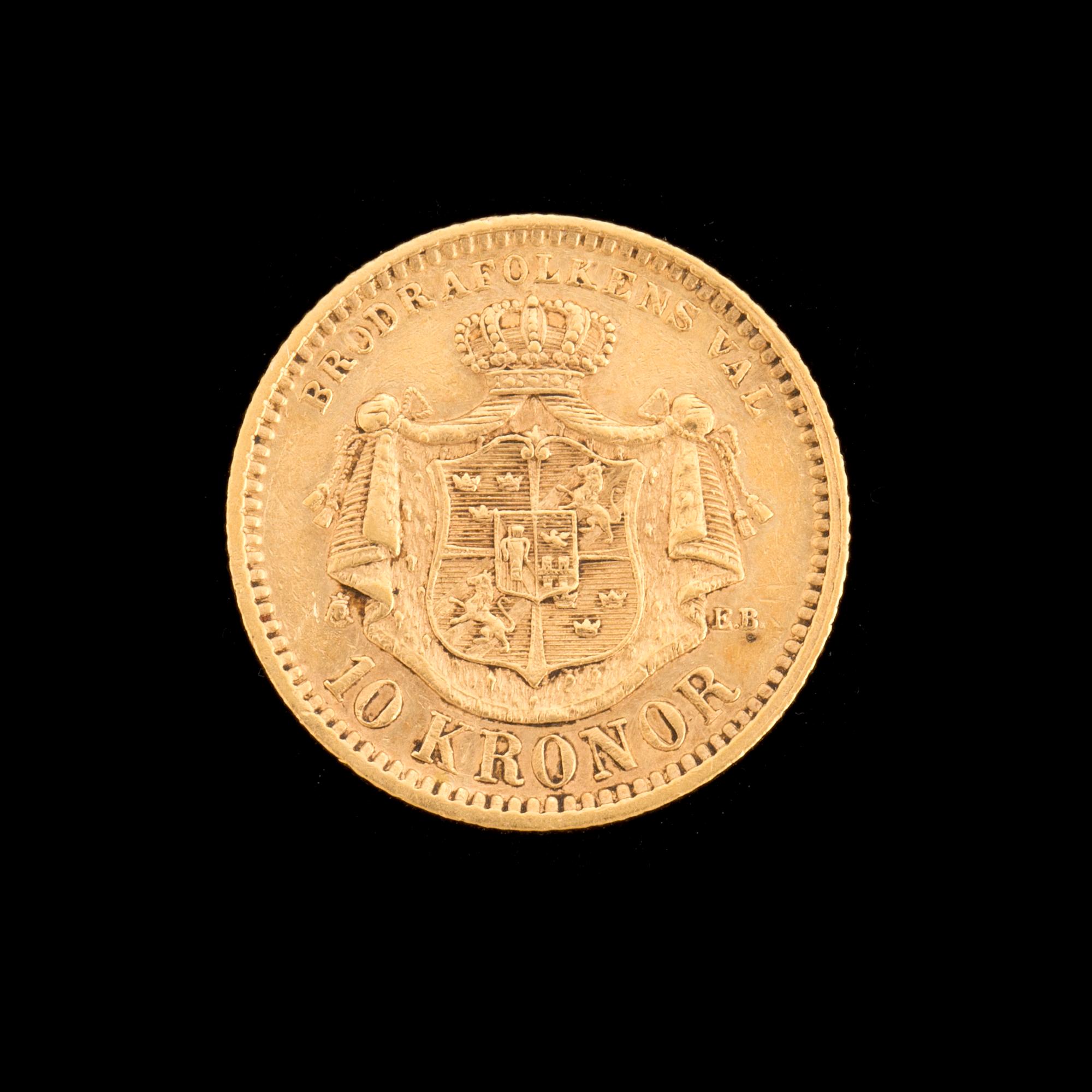 MYNT, guld, 10 kr, Oscar II, 1876. Vikt ca 4 gram.