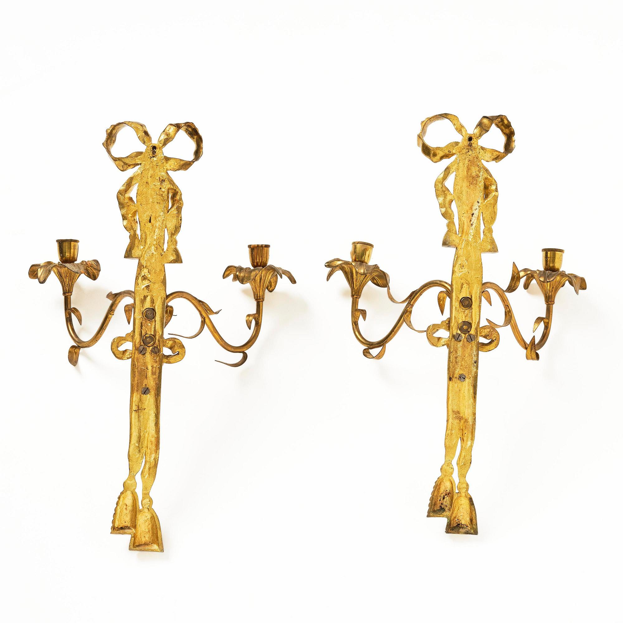 A pair of gilt bronze two-branch appliques after F. L. Rung, late 19th century,