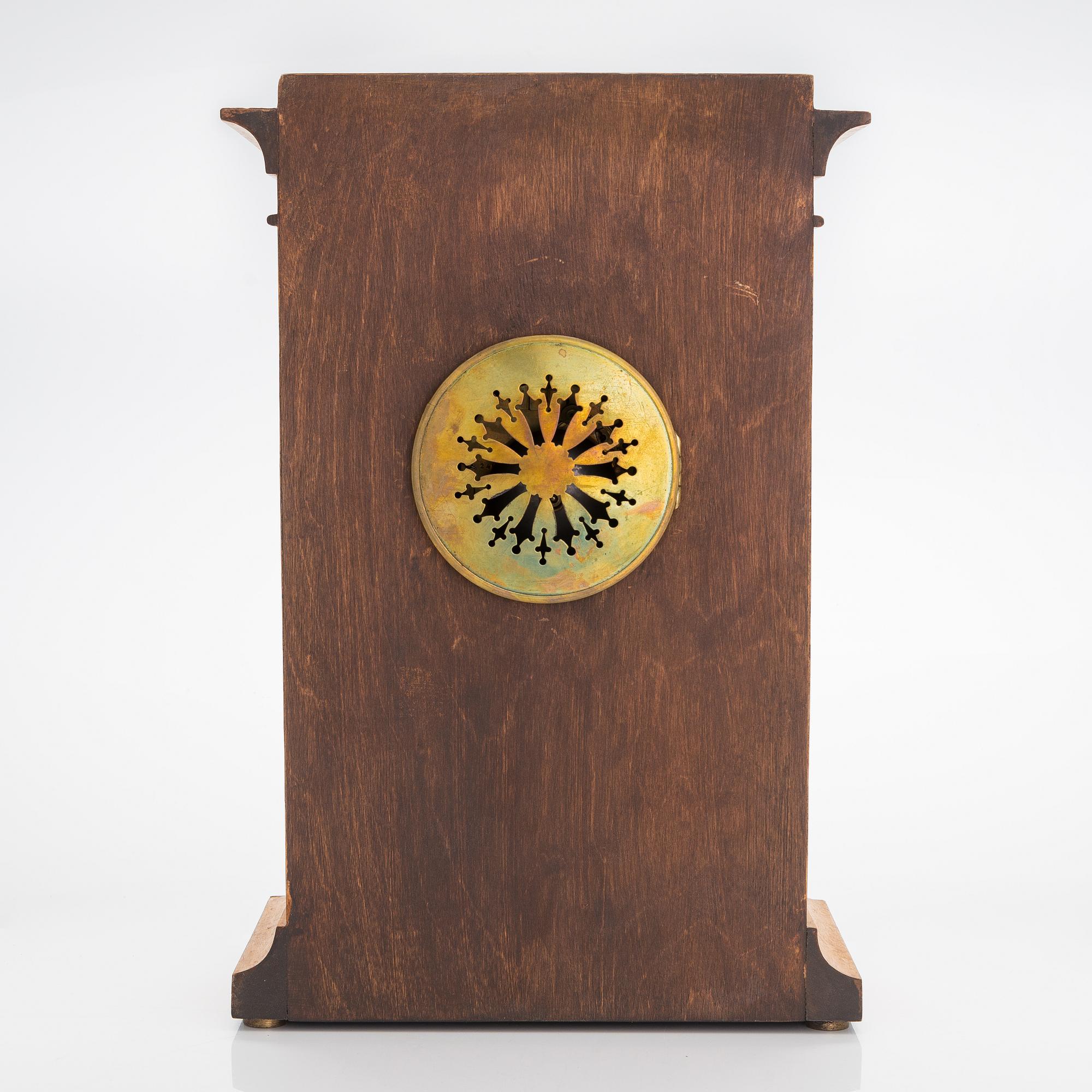 Table clock, presumably Brocot, Masurian birch, Russia, 1880s.