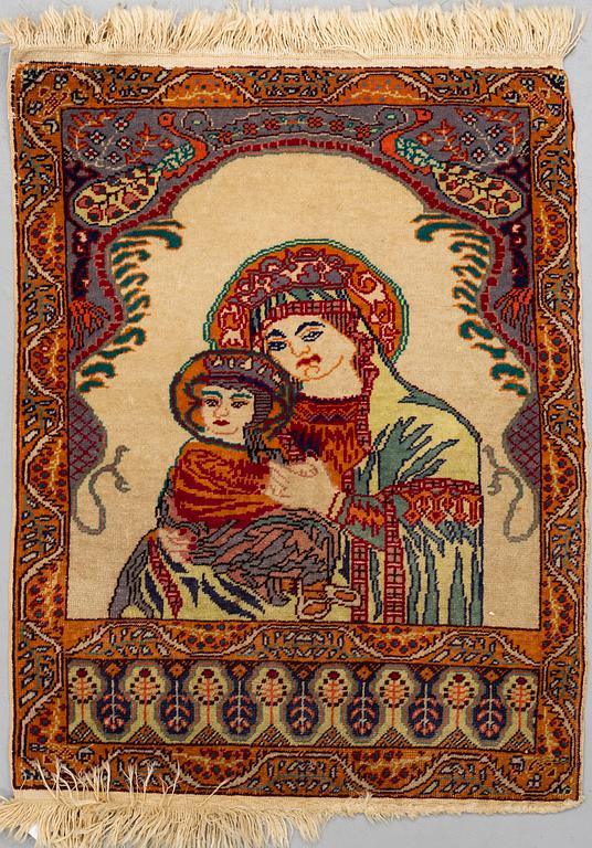 A RUG, semi-antique Kayseri figural 76 x 58 cm.