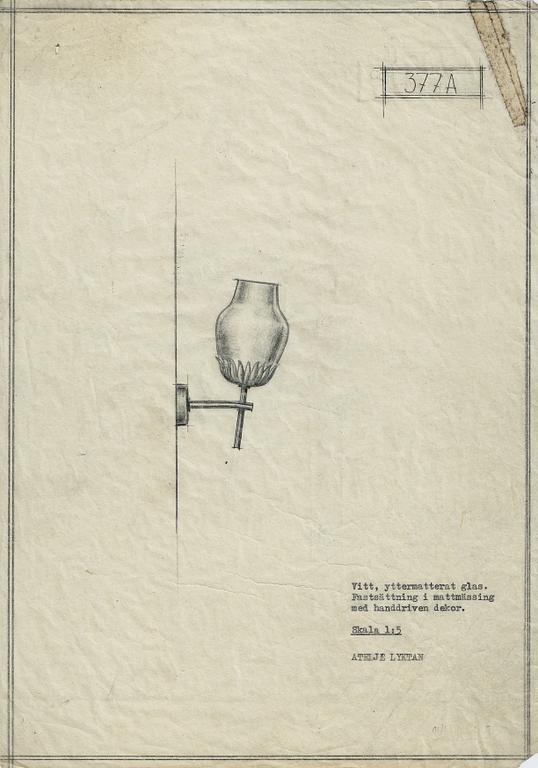 Hans Bergström, a rare pair of wall lamps model "377A", ateljé Lyktan, Åhus, 1940s-50s.