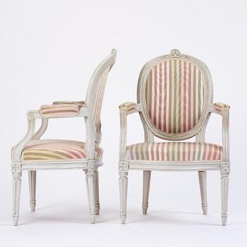 A pair of Gustavian open armchairs by E. Öhrmark (master in Stockholm 1777-1813).