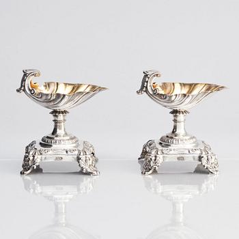 A Swedish pair of salt cellars, parcel-gilt silver, marks of Gustaf Möllenborg, Stockholm 1838.