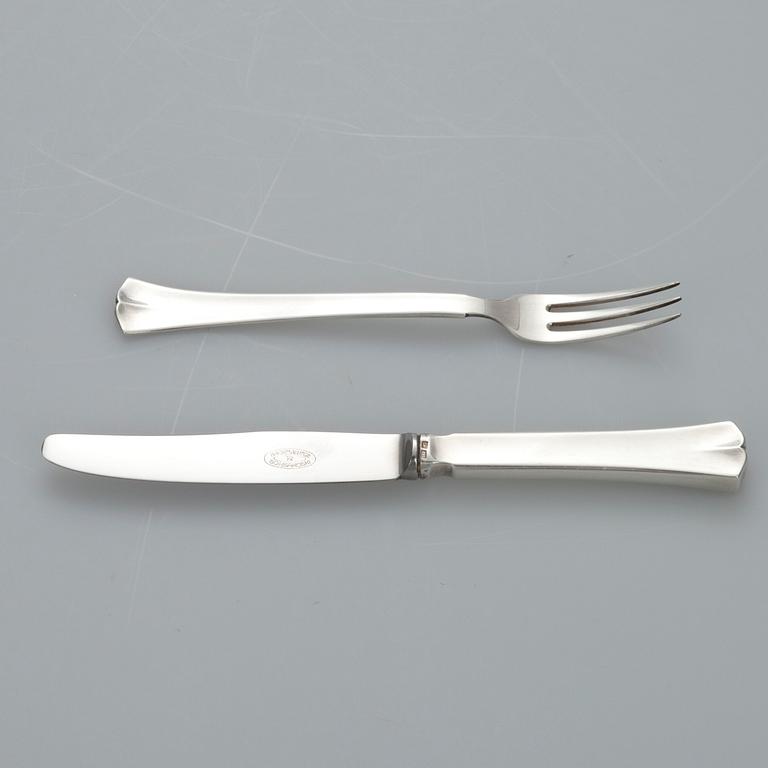KAFFESERVIS, 3 delar, silver "Jousi" DESSERTBESTICK, 6+6, Kultakeskus, Tavastehus 1955-1975. Tot. vikt ca 1359 g.