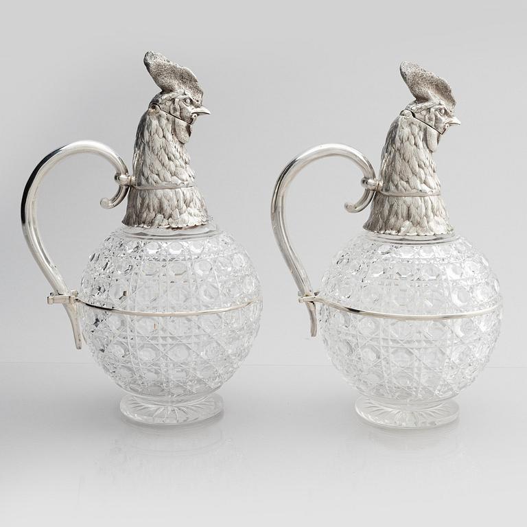 A pair of silver and cut-glass decanters, mark of Gratchev company, St. Petersburg 1908-1917.