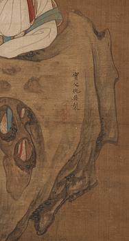 RULLMÅLNING, trädgårdscen med damer och tjänarinnor, i Qiu Yings (c 1494-1551) stil, Qingdynastin, 1800-tal.