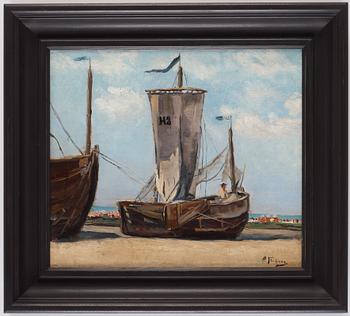 Carl Flodman, Strandparti med förtöjda båtar. I bakgrunden s.k. ”Strandkorben” (strandkorgar) och figurer, möjligen Skagen eller Skåne.