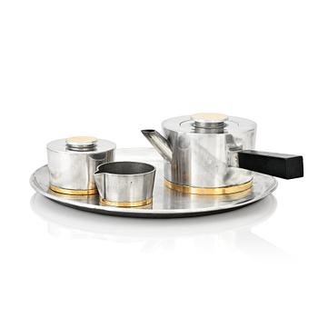 278. Nils Fougstedt, a pewter and brass 3 pcs tea service, Svenskt Tenn, Stockholm 1930-32-1934.