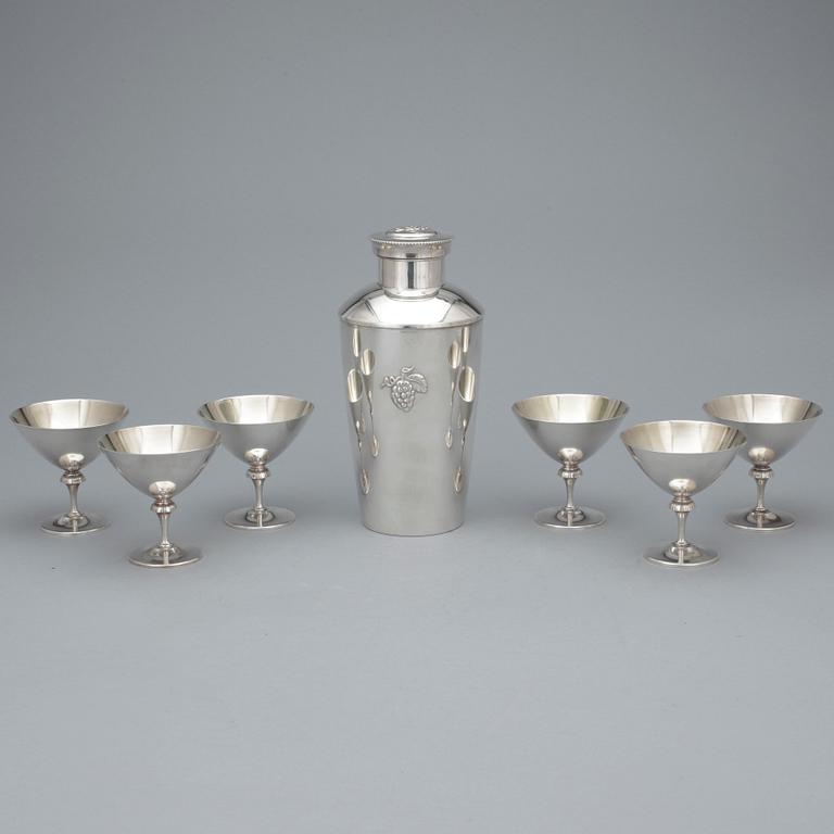 COCKTAILSHAKER samt GLAS, 7 delar, nysilver, GAB.