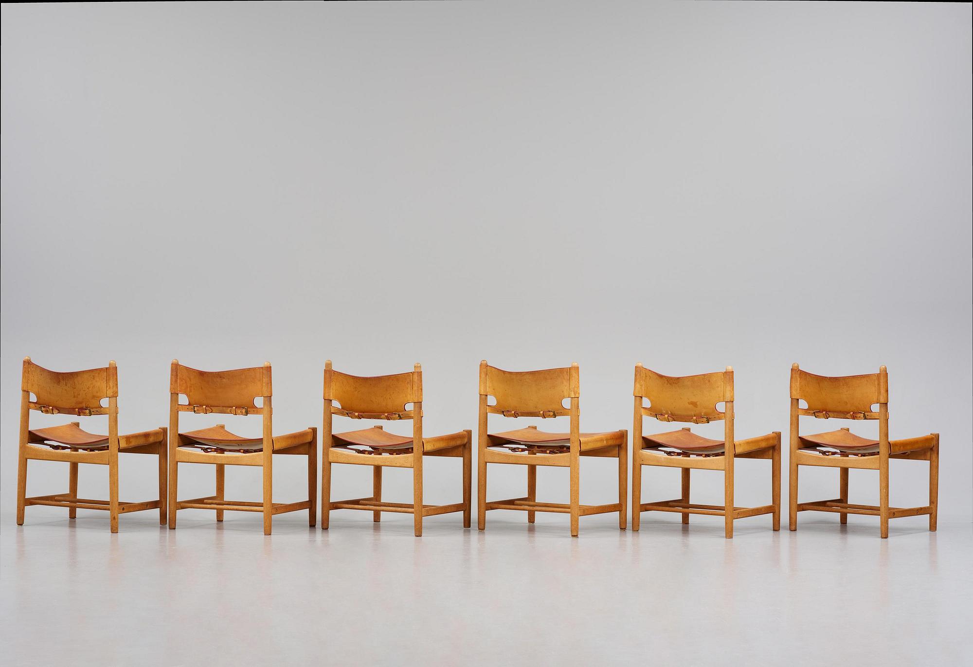 Børge Mogensen, a set of eight "Jagtspisestol"/"Spanish Dining" chairs model 3237 & 3238, Fredericia Stolefabrik, Denmark.
