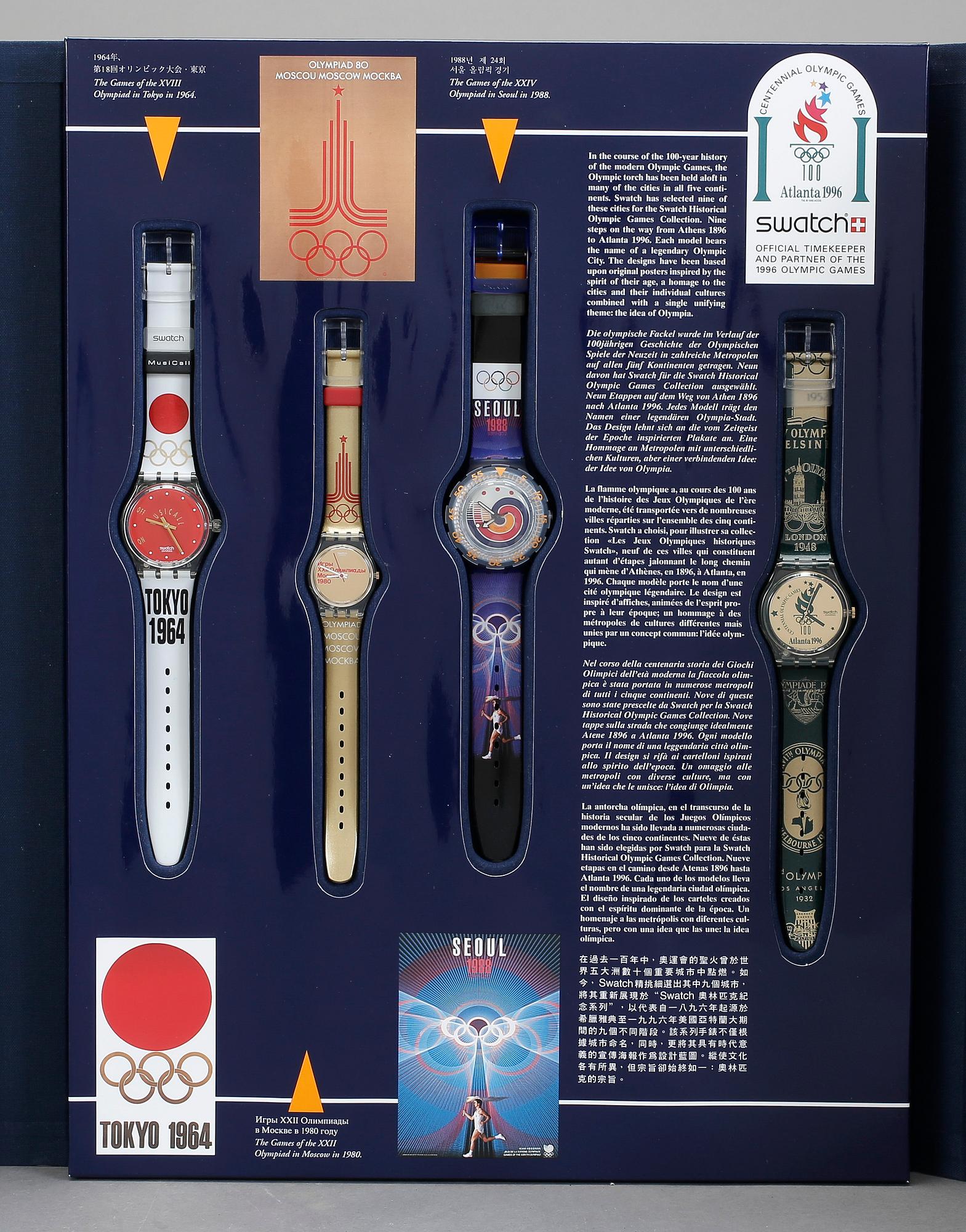 ARMBANDSUR, 9 st, "Swatch Historical Olympic Games Collection", Swatch, 1995.