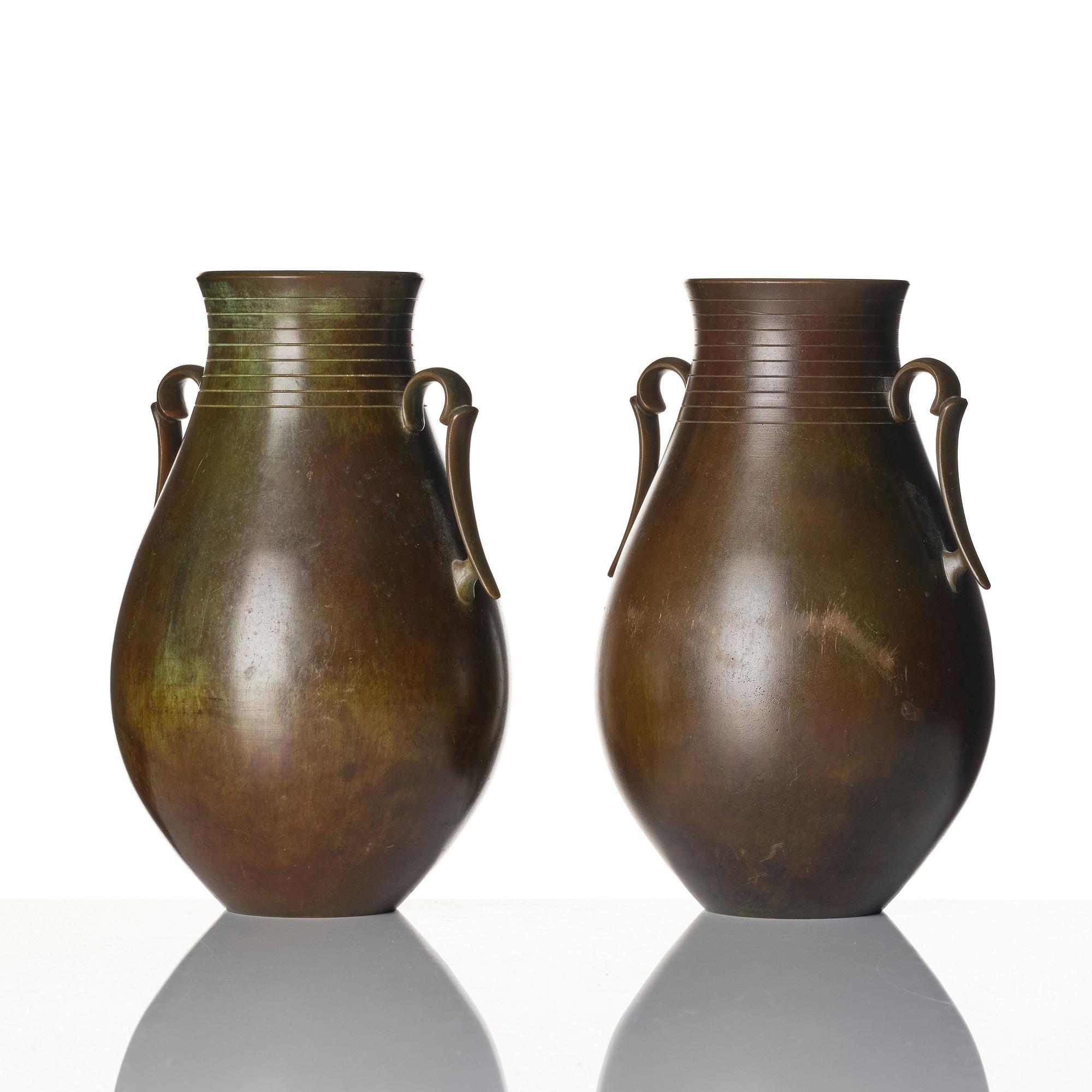 Guldsmedsaktiebolaget (GAB), a pair of Swedish Grace bronze vases, probably designed by Jacob Ängman.