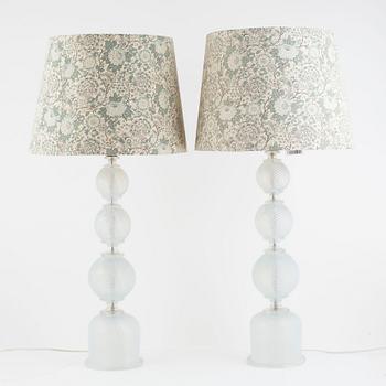 Table lamps, a pair, glass, probably Murano.