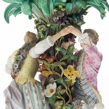 Meissen, A large polychrome reticulated porcelain basket on a pedestal with dancing figures, 19th century.